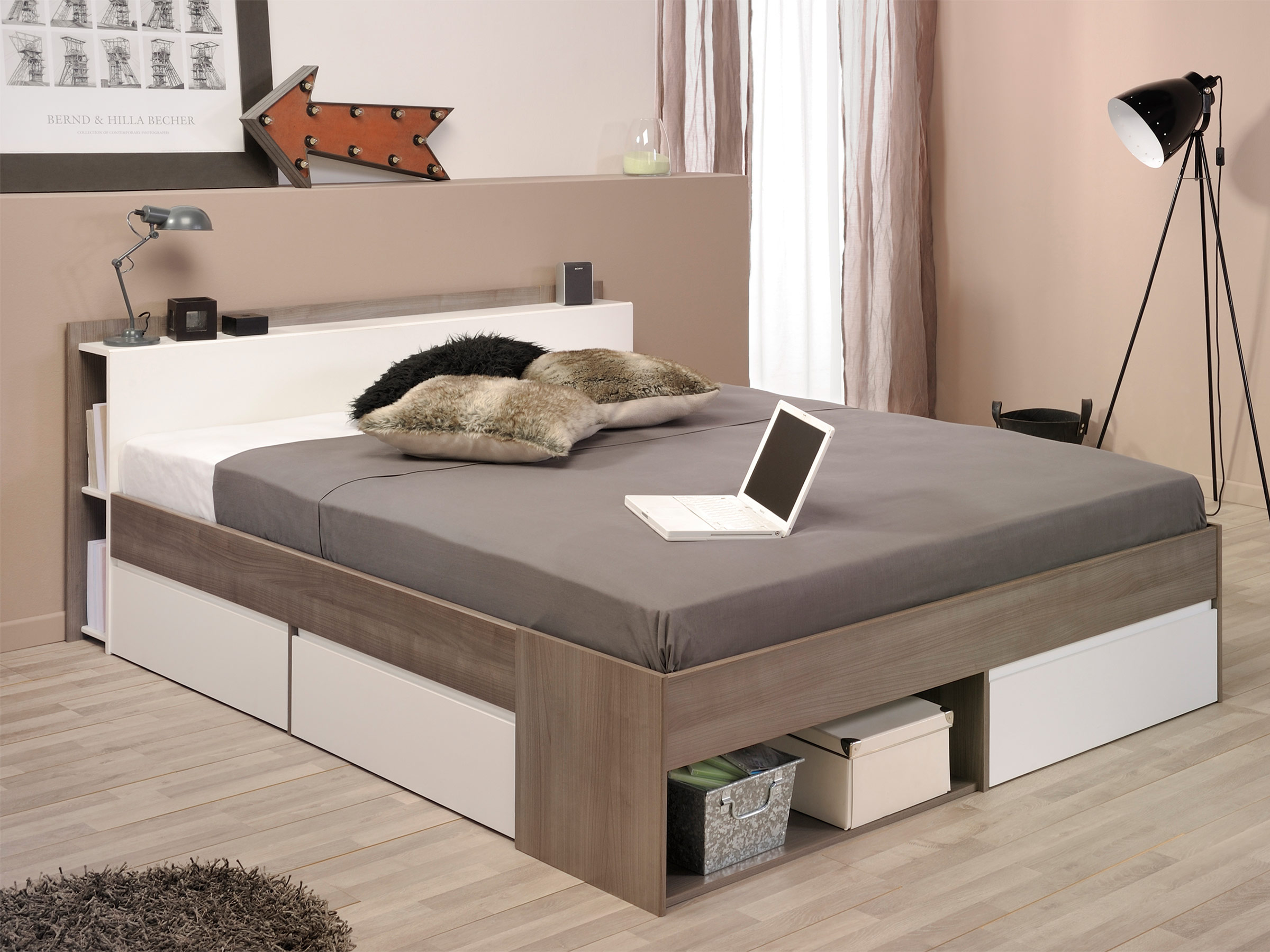 Most Dobbeltseng med Oppbevaring 160x200 - Walnut/Hvit