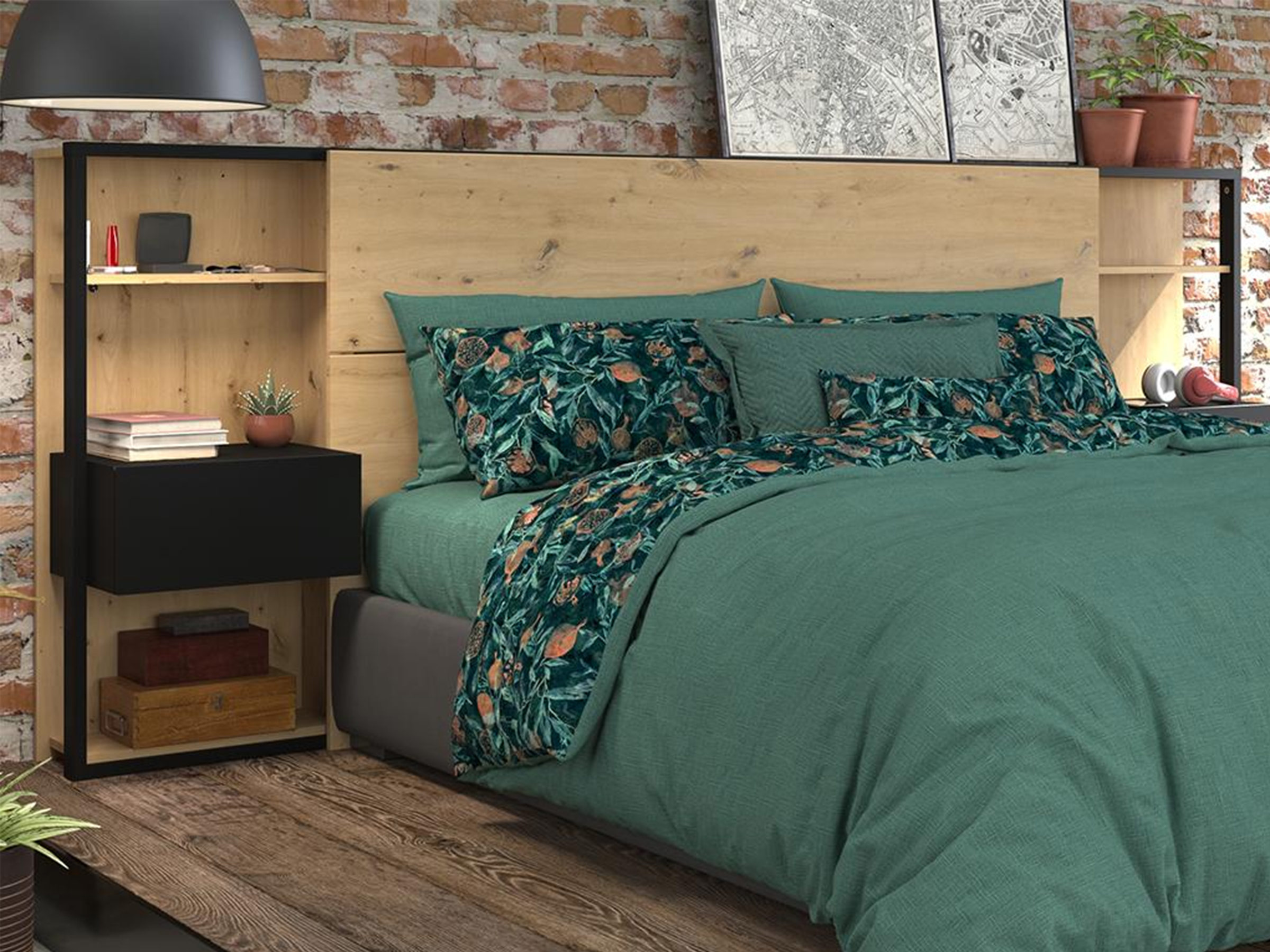 Stamp Sengegavl med Nattbord og Hyller 140/160 cm - Eik/Svart